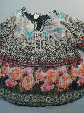 fig and flower Floral Rose Print Boho Blouse in Black, White, Teal, Orange